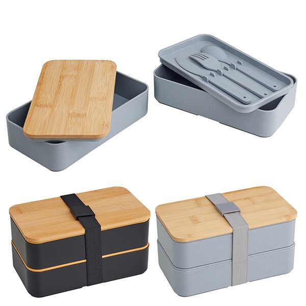 קופסת אוכל דו־קומתית עם מכסה במבוק – מבט עליון, מתאימה למיתוג והדפסת לוגו