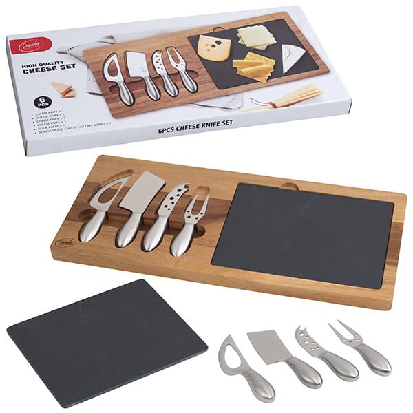 סט אירוח להגשת גבינות הכולל לוח עץ שיטה עם לוח אבן טבעית וסט סכיני גבינות – פתרון הגשה אלגנטי לבית ולאירוח
