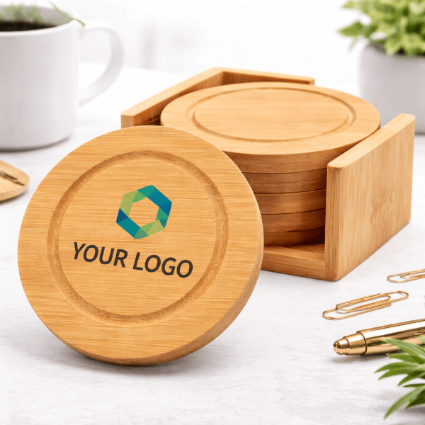 סט 5 תחתיות עגולות מבמבוק עם מעמד תואם, מתאים למיתוג לחברות ולמשרדים