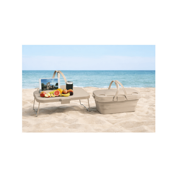 סלסלת פיקניק מתקפלת עם שולחן נפתח, מתאימה לפיקניק, חוף וטיולים, עיצוב קומפקטי ונוח לנשיאה