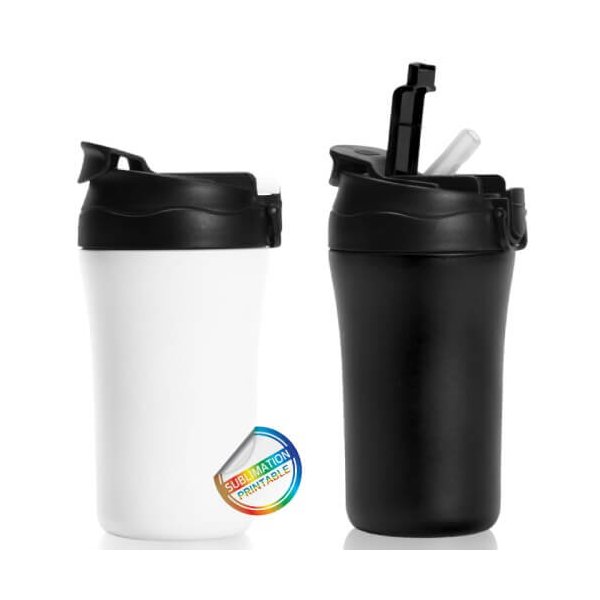 כוס תרמית דו־שימושית עם קש סיליקון מבית SWISS בצבע שחור ולבן