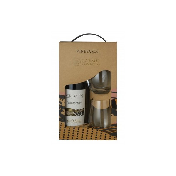 מארז מתנה של יקב כרמל הכולל יין כרמל Vineyards קברנה פטי ורדו וזוג כוסות יין ללא רגל.