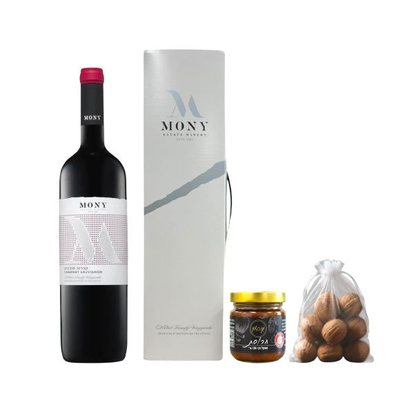 מארז מתנה הכולל יין אדום יקב מוני, חרוסת מן הזית ואגוזי מלך במארז קרטון מהודר.