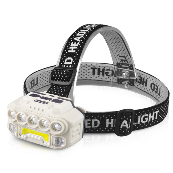 פנס ראש נטען בצבע בז' עם רצועת ראש אלסטית