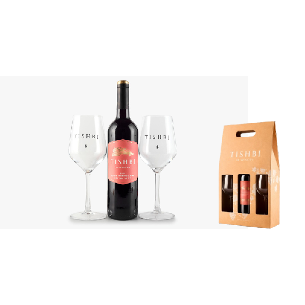 מארז יין תשבי ויניארדס תסיסה משותפת עם שתי כוסות יין במארז קרטון של יקב תשבי.